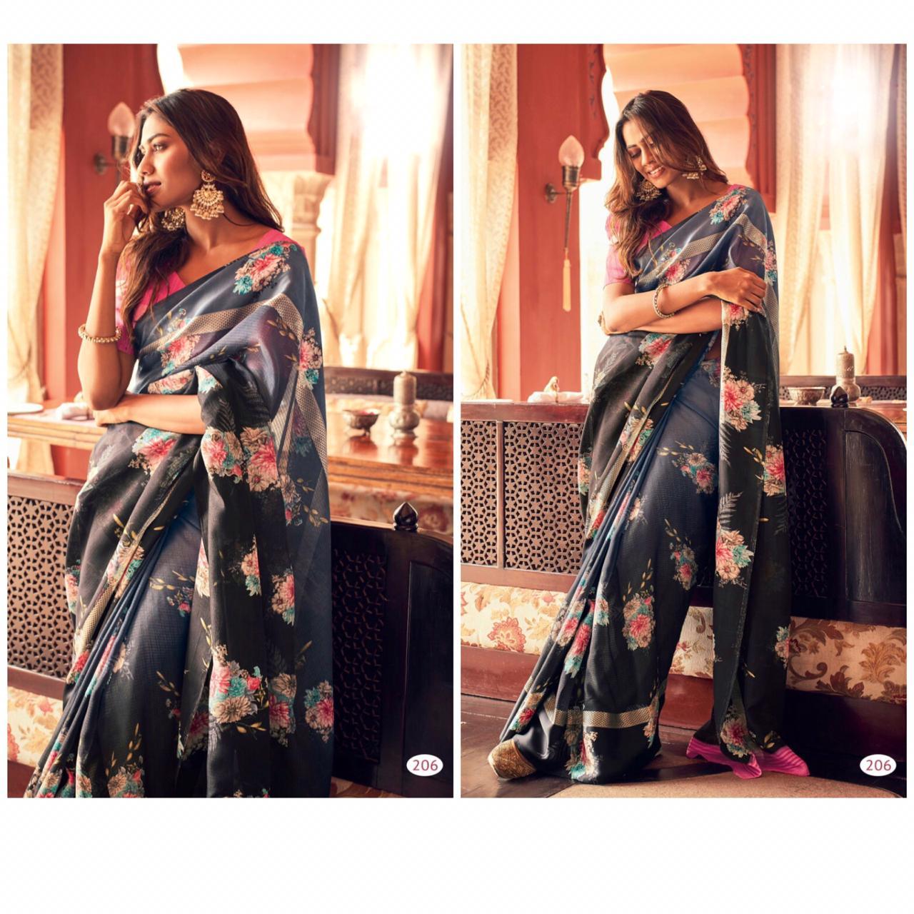 Fantastic NavyBlue Colour Printed Pure Linen Saree For Women - Ibis Fab