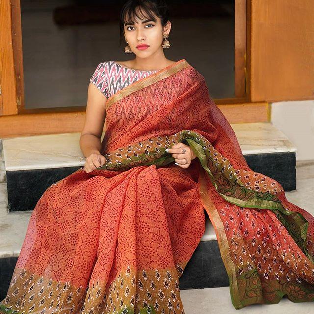 Fantastic Orange Colored Printed Pure Linen Saree For Women - Ibis Fab