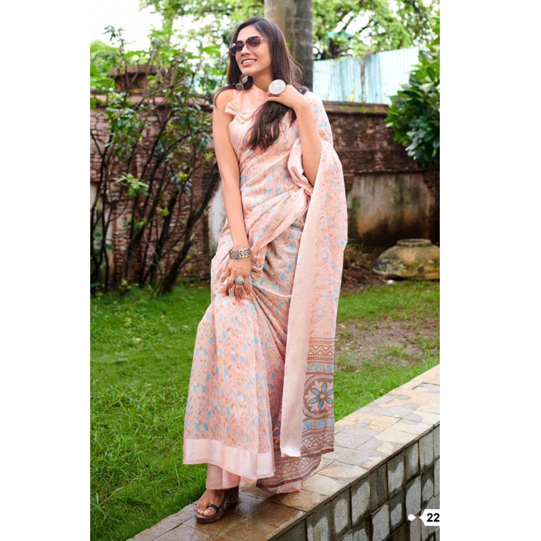 Fantastic Peach Colour Printed Pure Linen Saree For Women - Ibis Fab