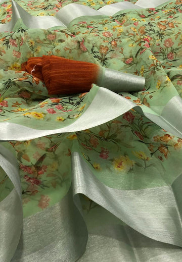 Fantastic Pure Linen Green Colored Casual Printed Saree