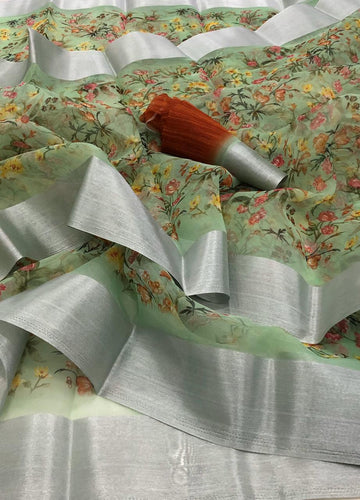 Fantastic Pure Linen Green Colored Casual Printed Saree