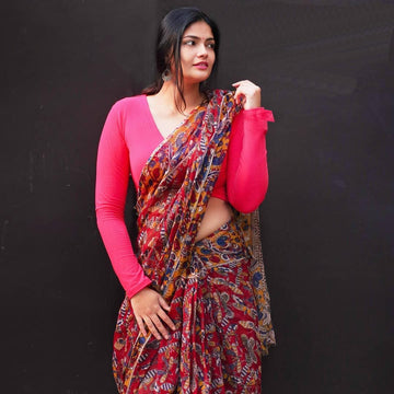 Fantastic Red Colour Printed Pure Linen Saree For Women