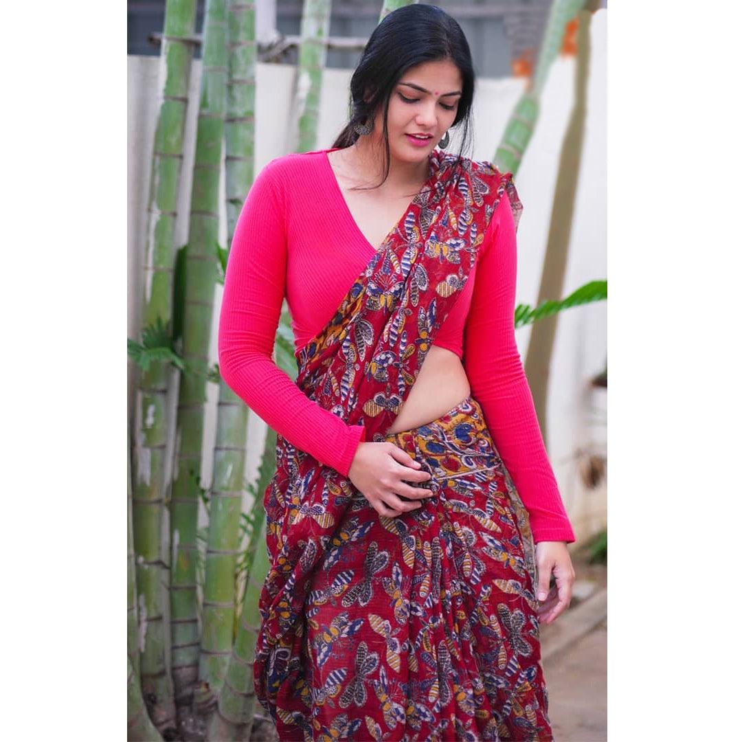 Fantastic Red Colour Printed Pure Linen Saree For Women - Ibis Fab