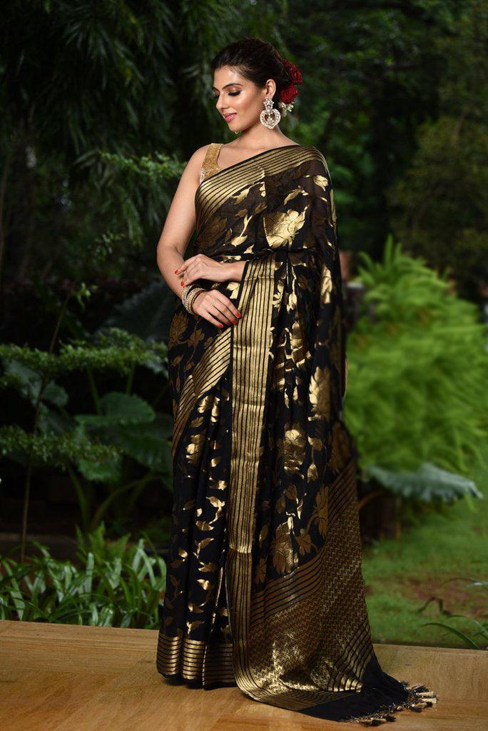 Fantastic Women's Black Colour Pure Linen Saree With Blouse Piece - Ibis Fab