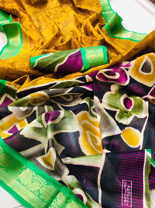 Fantastic Yellow Colored Green Border PartyWear Pure Linen Saree - Ibis Fab