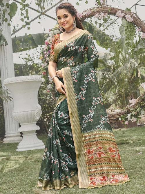 Festive Wear, Dark Green Printed Soft Silk Saree - Ibis Fab