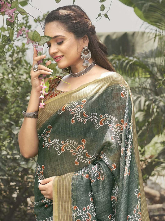 Festive Wear, Dark Green Printed Soft Silk Saree - Ibis Fab