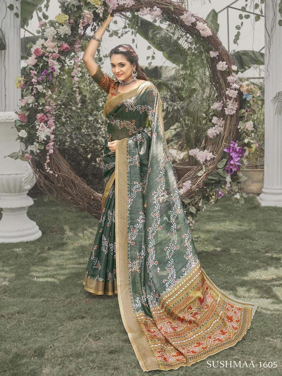 Festive Wear, Dark Green Printed Soft Silk Saree - Ibis Fab