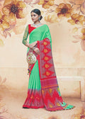 Fine Linen jute Green And Pink Colored Casual Printed Saree