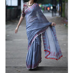 Flamboyant Blue Colored Festive Wear Pure Linen Designer Saree - Ibis Fab