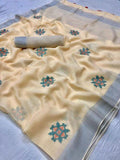 Flamboyant  Grey And Cream Colored  Festive Wear Printed  Pure Linen Saree