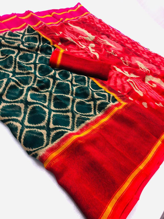 Flamboyant Pure Linen Rama And Red Colored Casual Printed Saree - Ibis Fab