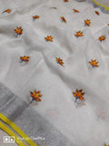 Flamboyant  White And Yellow Colored  Festive Wear Printed  Pure Linen Saree