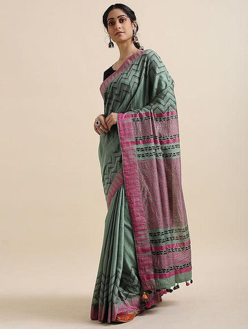 Flattering  Mint Colored  Festive Wear Printed  Pure Linen Saree