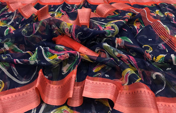 Flattering Pure Linen Blue Colored Casual Printed Saree