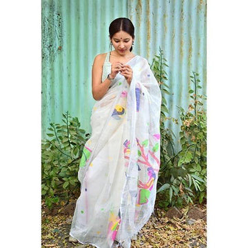 Flattering  White Colored  Festive Wear Printed  Pure Linen Saree