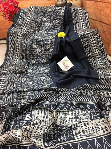 Flaunt  Black Colored  Festive Wear Printed  Pure Linen Saree