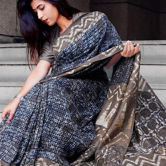 Flaunt Navy Blue Colored Party Wear Pure Linen Printed Saree - Ibis Fab