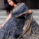 Flaunt Navy Blue Colored Party Wear Pure Linen Printed Saree - Ibis Fab