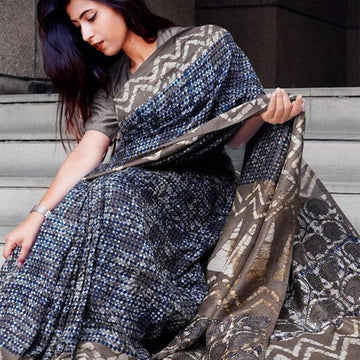 Flaunt Navy Blue  Colored Party Wear Pure Linen Printed Saree