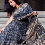 Flaunt Navy Blue Colored Party Wear Pure Linen Printed Saree - Ibis Fab