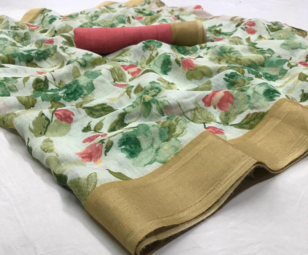 Flaunt Off White Colored With Gold Border Partywear Printed Pure Linen saree - Ibis Fab