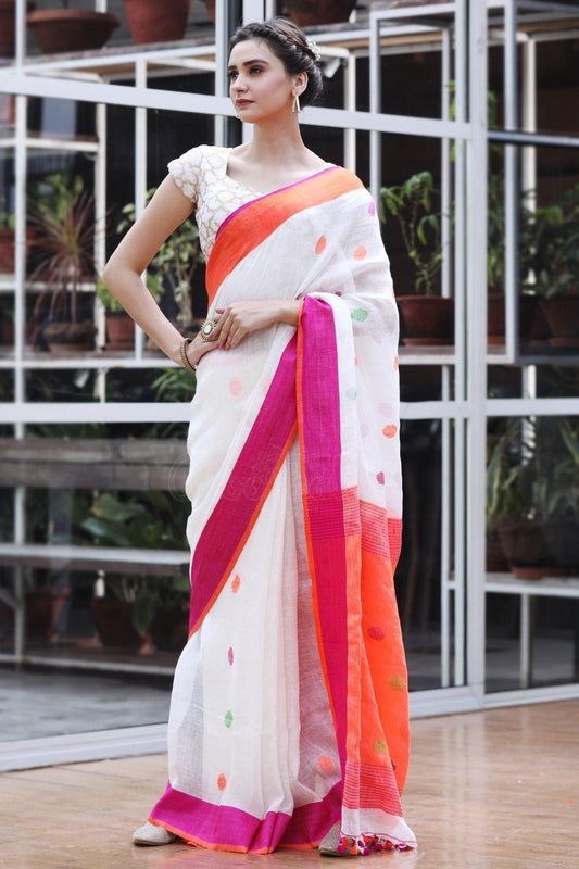 Flaunt White And Pink Colored Festive Wear Printed Pure Linen Saree - Ibis Fab