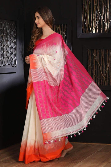 Flaunt  White  Colored  Festive Wear Printed  Pure Linen Saree