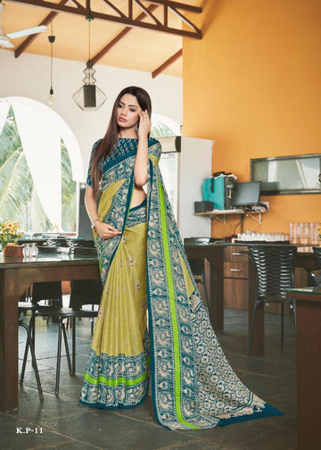 Flaunt  Yellow Colored Dark Green Border PartyWear Pure Linen Saree