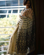 Flirty Cream Colored Party Wear Printed Pure Linen Saree - Ibis Fab