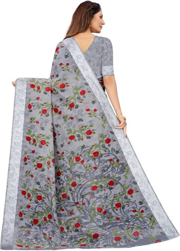 Floral Print Daily Wear Linen Saree - Ibis Fab