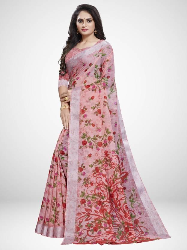 Floral Printed Daily Wear Linen Saree With Blouse - Ibis Fab