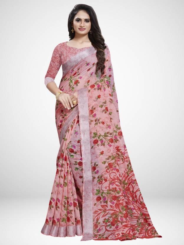 Floral Printed Daily Wear Linen Saree With Blouse - Ibis Fab