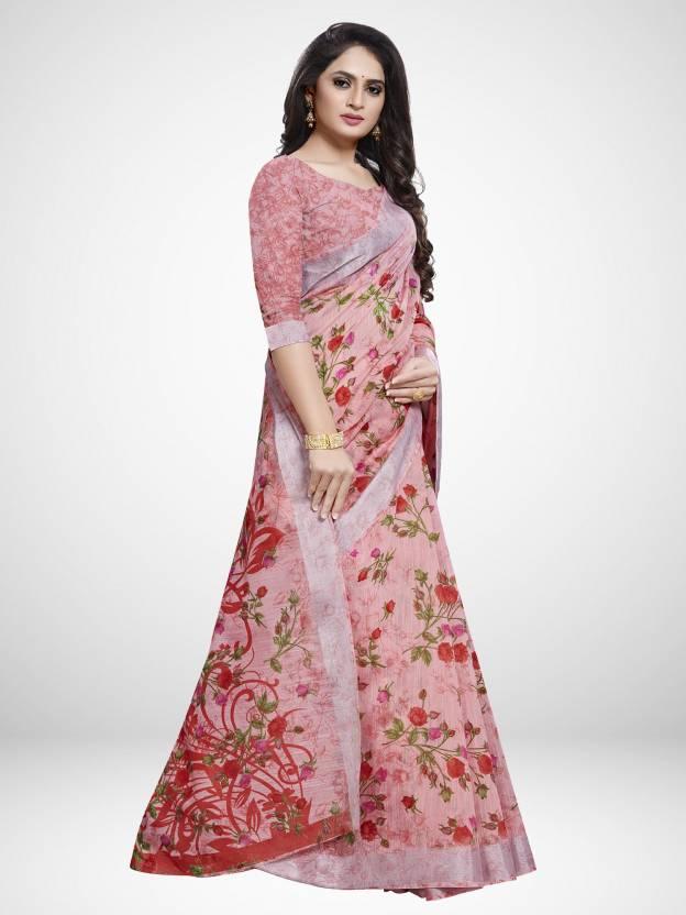 Floral Printed Daily Wear Linen Saree With Blouse - Ibis Fab