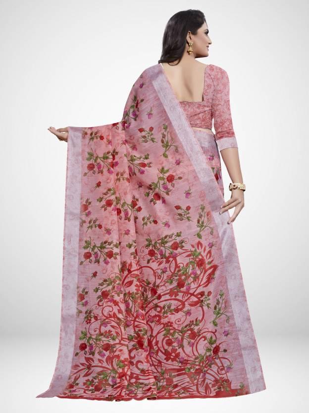 Floral Printed Daily Wear Linen Saree With Blouse - Ibis Fab