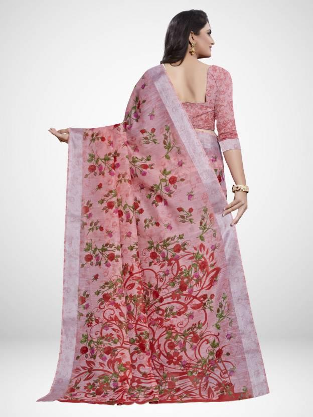 Floral Printed Daily Wear Linen Saree With Blouse