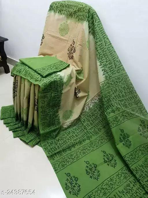 Forest Green Pure Linen Saree, Printed Saree - Ibis Fab
