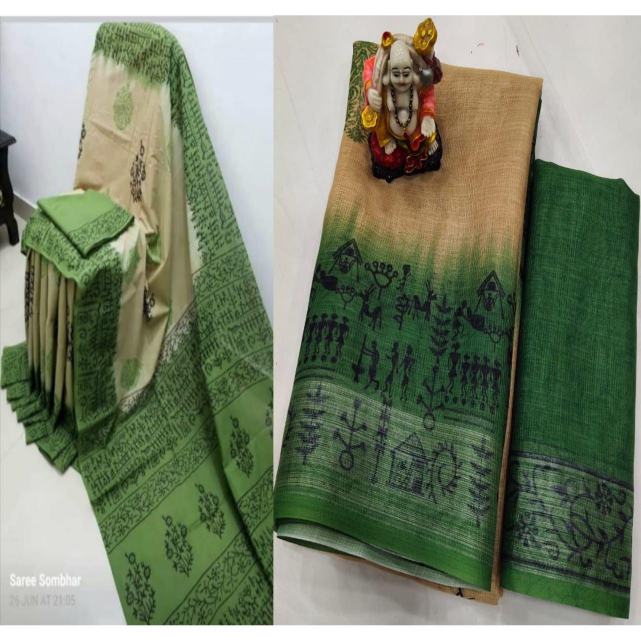 Forest Green Pure Linen Saree, Printed Saree - Ibis Fab