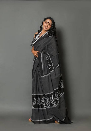 Geometric Printed Bolder, Black Pure Linen Saree