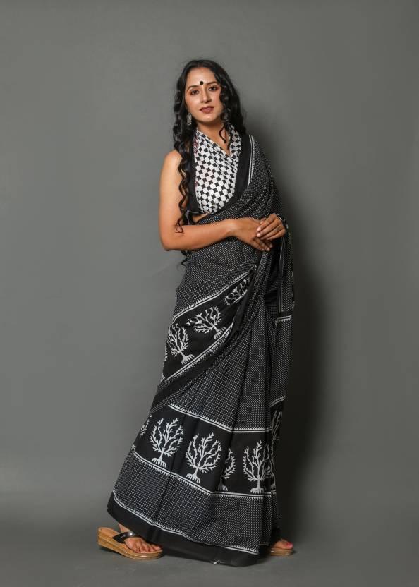 Geometric Printed Bolder, Black Pure Linen Saree - Ibis Fab