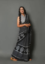 Geometric Printed Bolder, Black Pure Linen Saree - Ibis Fab