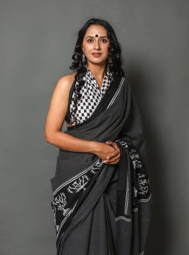 Geometric Printed Bolder, Black Pure Linen Saree - Ibis Fab