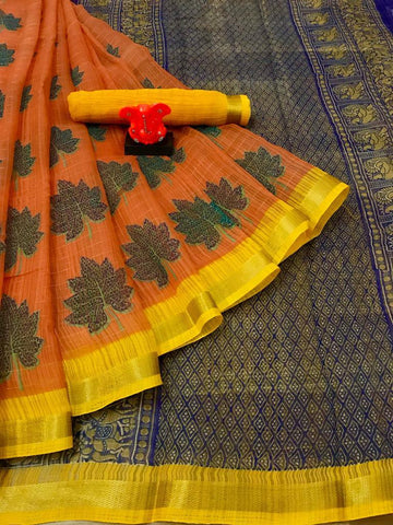 Gleaming Orange Colored Casual Printed Fancy Cotton Saree
