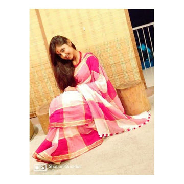 Gleaming Pink Colored Party Wear Printed Pure Linen Saree