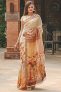 Glorious Beige colored Linen Designer Printed Saree