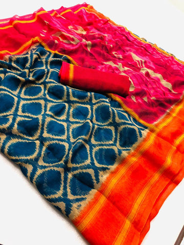 Glorious Pure Linen Night blue Colored Casual Printed Saree