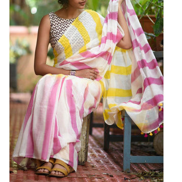 Glorious White Colored Festive Wear Pure Linen Designer Saree