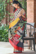 Glorious White colored Linen Designer Printed Saree