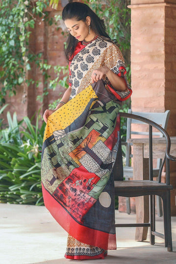 Glorious White colored Linen Designer Printed Saree