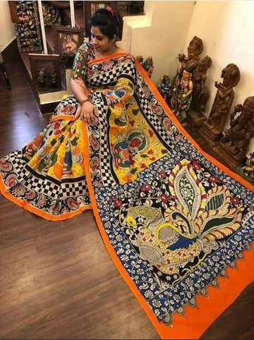 Glorious Yellow colored Kalamkari Designer Printed Saree